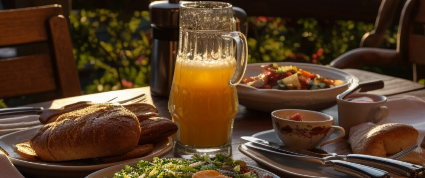 Petit-déjeuner servi en terrasse au lever du soleil face aux montagnes