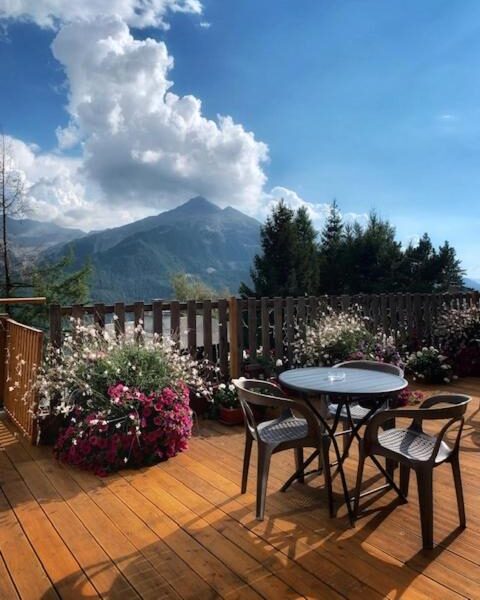 Terrasse extérieure avec table, fleurs et vue sur les montagnes